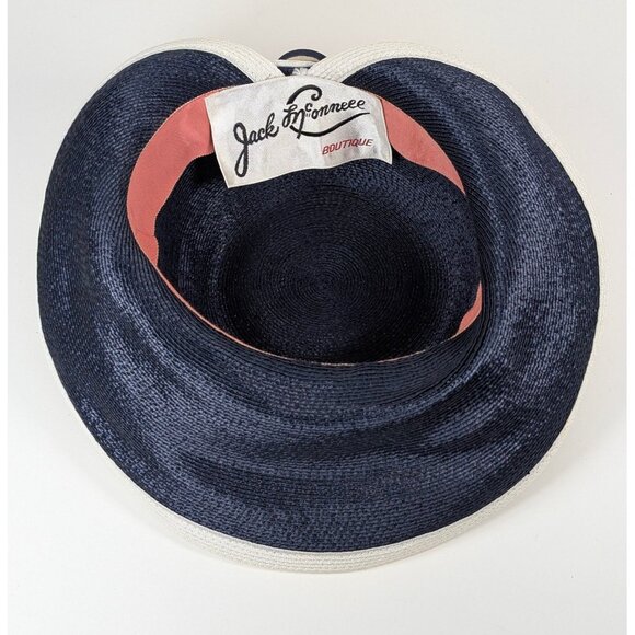 Jack McConnell Boutique Vintage Blue White Straw Hat Bow Asymmetrical Brim Derby